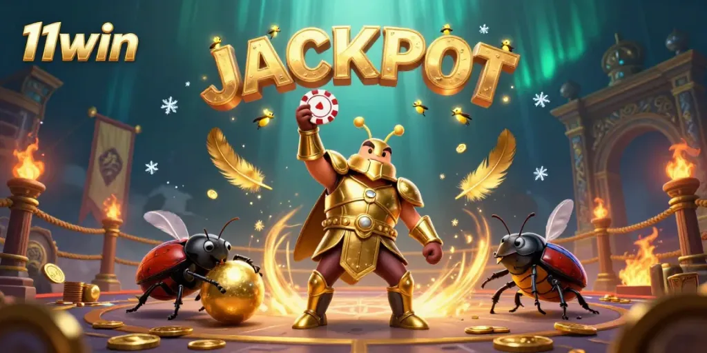 Experience the excitement of 11win with a victorious beetle raising poker chips amidst a dynamic casino scene.