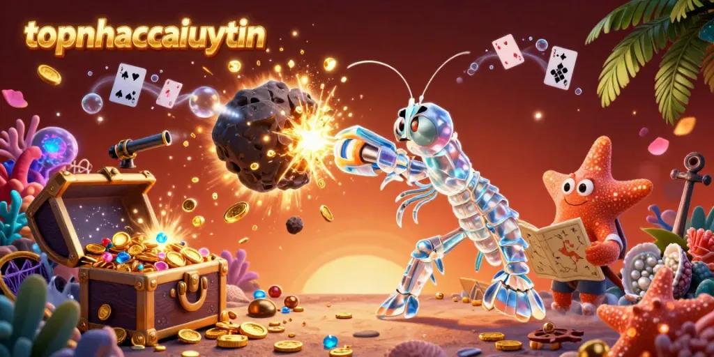 Engage with the exhilarating treasures as topnhacaiuytin emerges with golden gems and coins in a vibrant casino illustration.