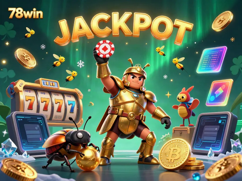 Participate in exciting games at 78win with vibrant slots, joyful beetle characters, and dazzling lights.