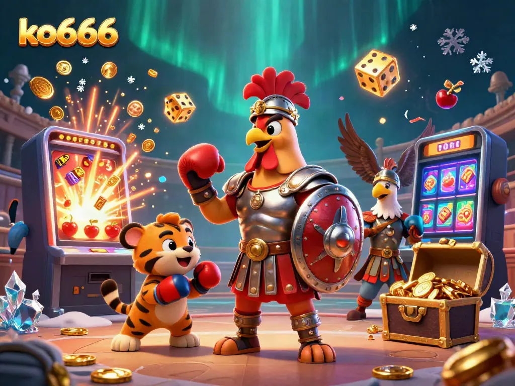 Experience the excitement of ko666 with a dynamic casino-themed illustration featuring a gladiator rooster, coins, and a slot machine.