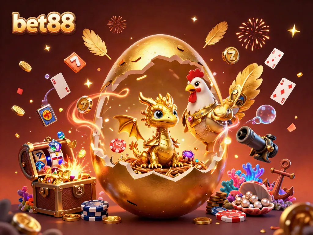 Experience excitement at bet88 with a captivating illustration of a golden dragon and dynamic gaming elements.