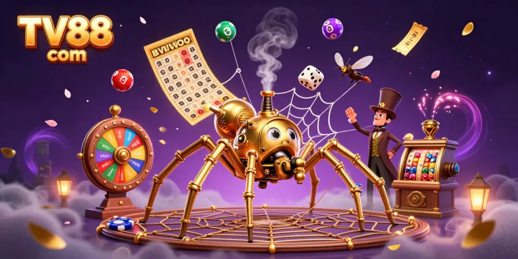 Engage with TV88 com’s gaming excitement as a golden spider weaves a web of luck in a lively casino atmosphere.