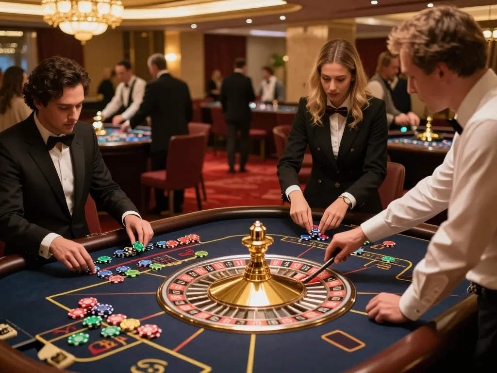 Players engaged in a thrilling roulette game at an upscale casino, featuring lc888 log visible on the table.