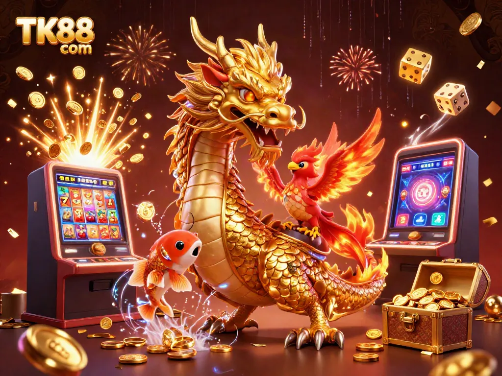 Experience exciting gameplay at TK88 com with a vibrant scene featuring mystical creatures and slot machines.