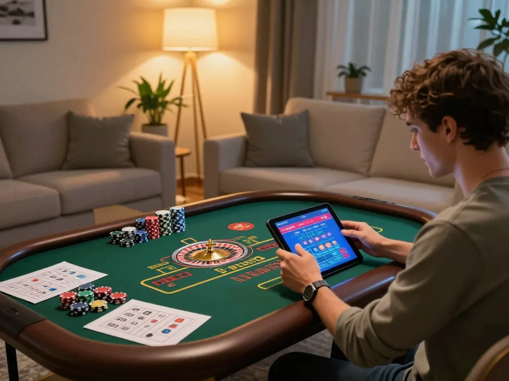 Player engaging with 99ok live dealer roulette on tablet in cozy living room