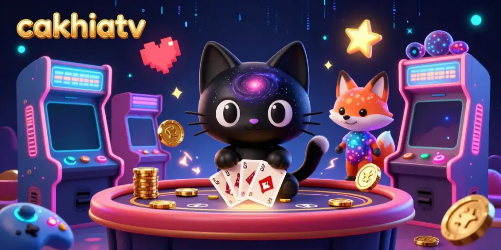 Experience the cosmic charm of cakhiatv with playful characters at a vibrant casino table.