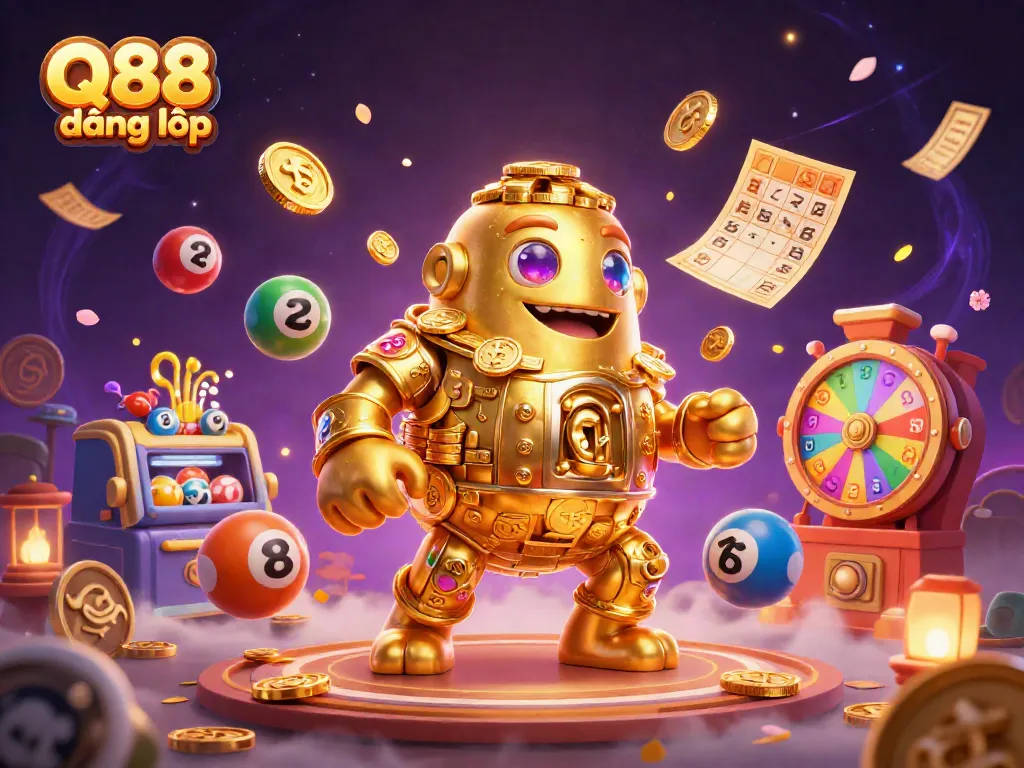 Engage with Q88 đăng nhập, a vibrant casino scene featuring a golden golem amidst dynamic gambling elements.