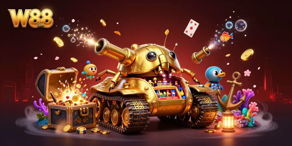 Experience W88 com's vibrant miniature casino scene with dazzling treasures and gaming elements.