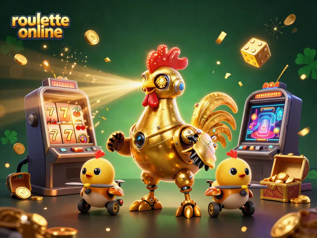 Engage with roullete online featuring a 3D golden rooster robot and baby chicks amidst casino excitement.