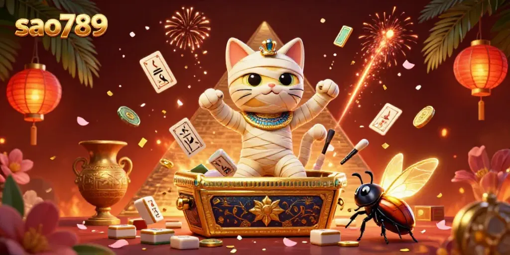 Experience exhilarating wins at sao789 with a vibrant scene of a mummy cat in a pyramid casino.