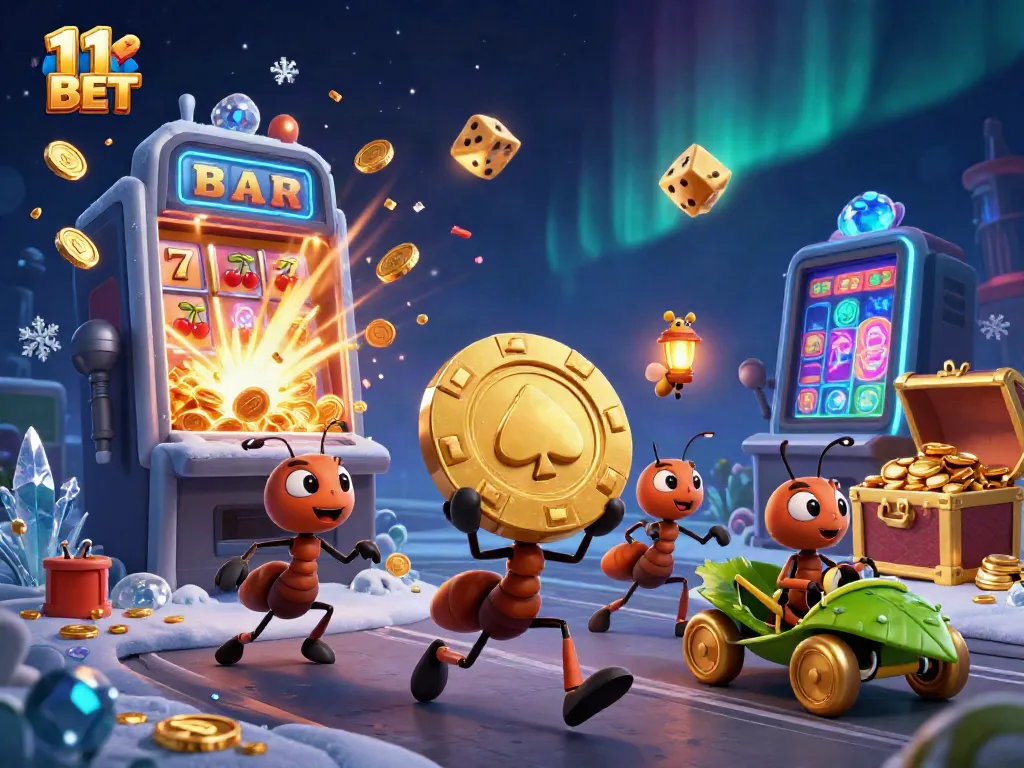 Experience the thrilling world of 11 BET with a team of cartoon ants carrying a giant poker chip amidst jackpot excitement.