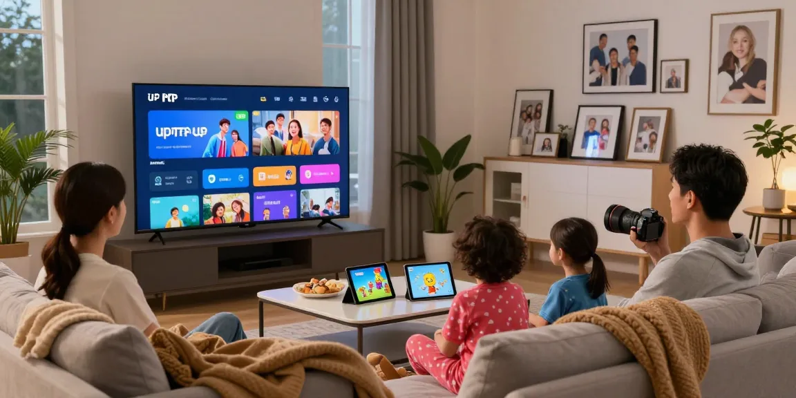 Família assistindo IPTV em sala de estar moderna, com TV grande e decorações aconchegantes.