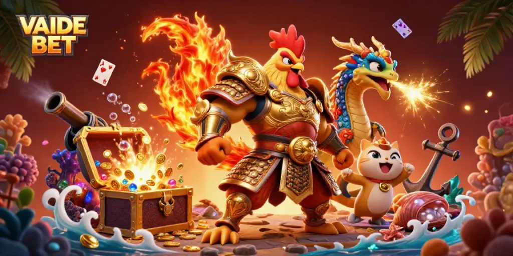 Experience the thrill of VAIDE BET with a vibrant 3D scene featuring a warrior rooster and dragon amidst gaming treasures.