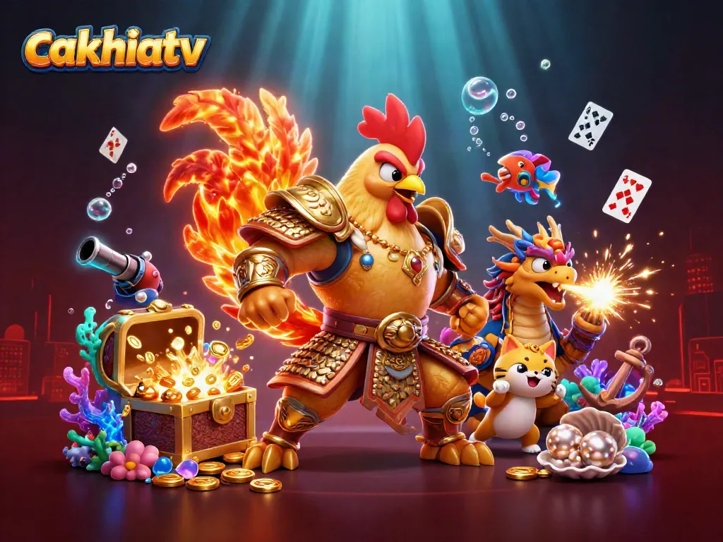 Experience the thrill of cakhiatv with a dynamic 3D scene featuring a warrior rooster and dragon amidst vibrant casino elements.