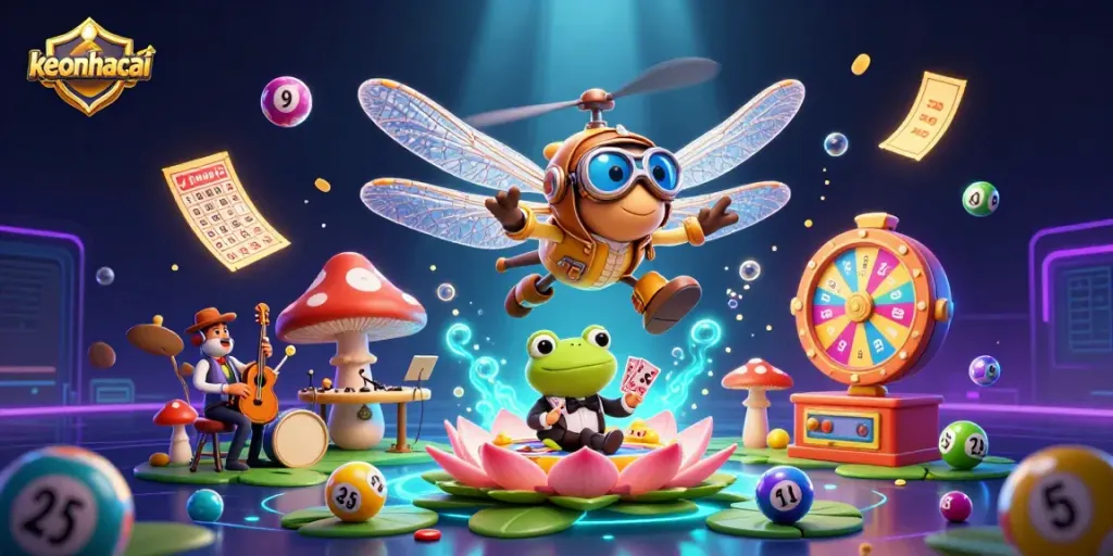 Engage with keonhacai in this vibrant 3D casino scene featuring a dragonfly pilot and a frog croupier.
