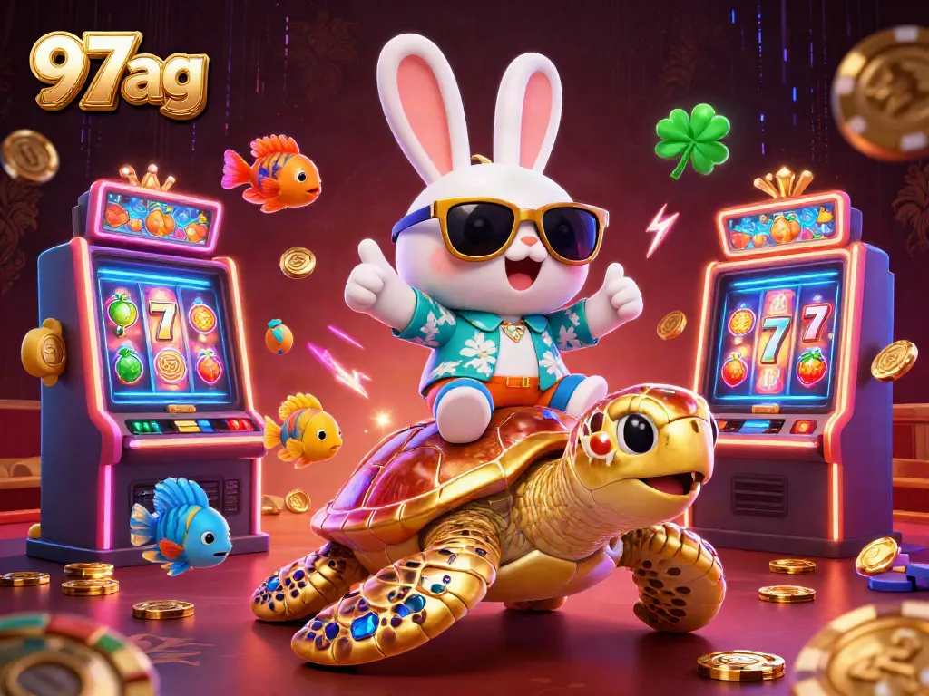97ag casino scene with a lucky rabbit and golden turtle celebrating wins among neon slot machines.