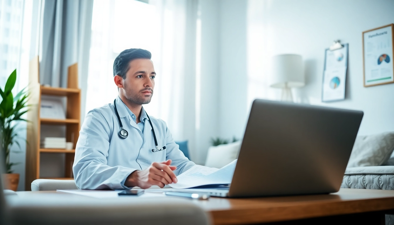Efficient online doctor consultation flat fee service with a healthcare professional using a laptop.