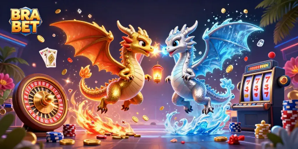 Experience excitement with BRA BET as golden dragons soar amongst sparkling gems and casino elements.