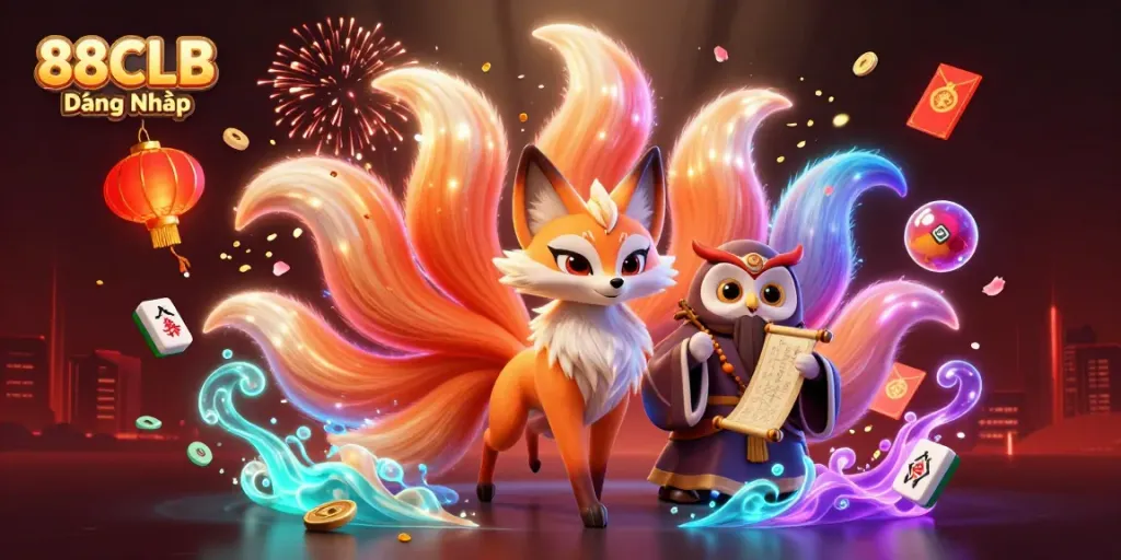 88CLB Đăng Nhập illustration featuring a nine-tailed fox and a wise owl in a vibrant casino scene.
