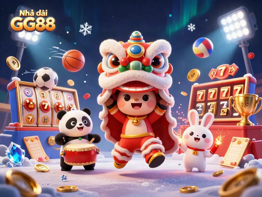 Engage with Nhà cái GG88's thrilling slot games and festive casino action featuring a vibrant lion dance.