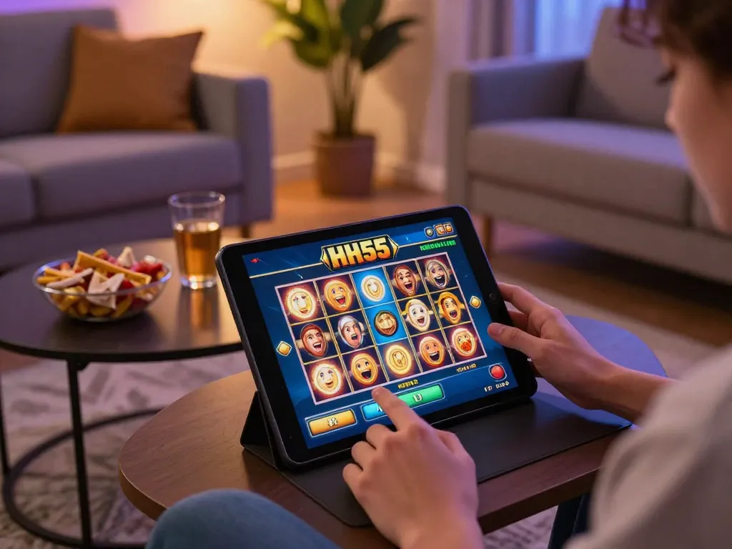 Jogador gira as slots HH55 em um tablet na sala de estar aconchegante, destacando a emoção no jogo responsável.