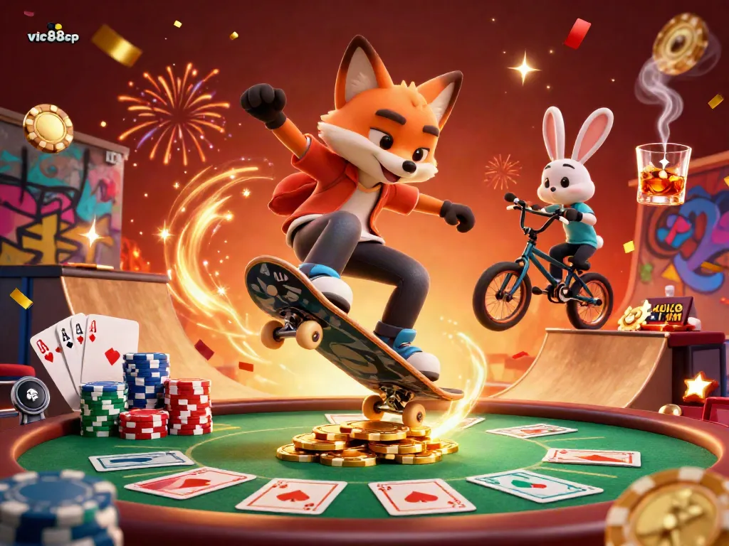 Spin the reels with vic88cp's vibrant casino artwork featuring a skateboarder fox and BMX rabbit.