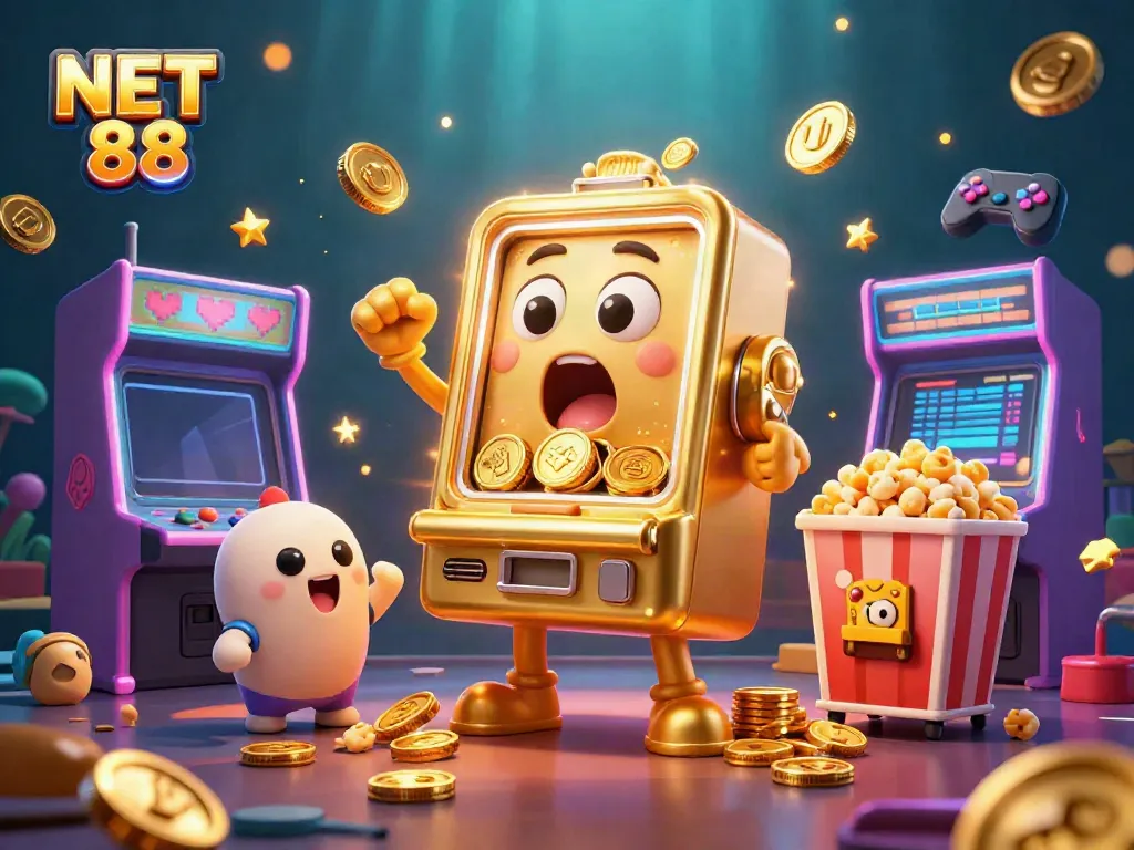 Experience exciting wins with NET 88 as golden slot machines celebrate jackpots in a vibrant casino scene.