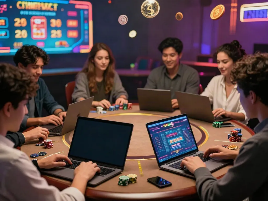 Engaged players in vibrant online gambling setting showcasing nbet games on devices.