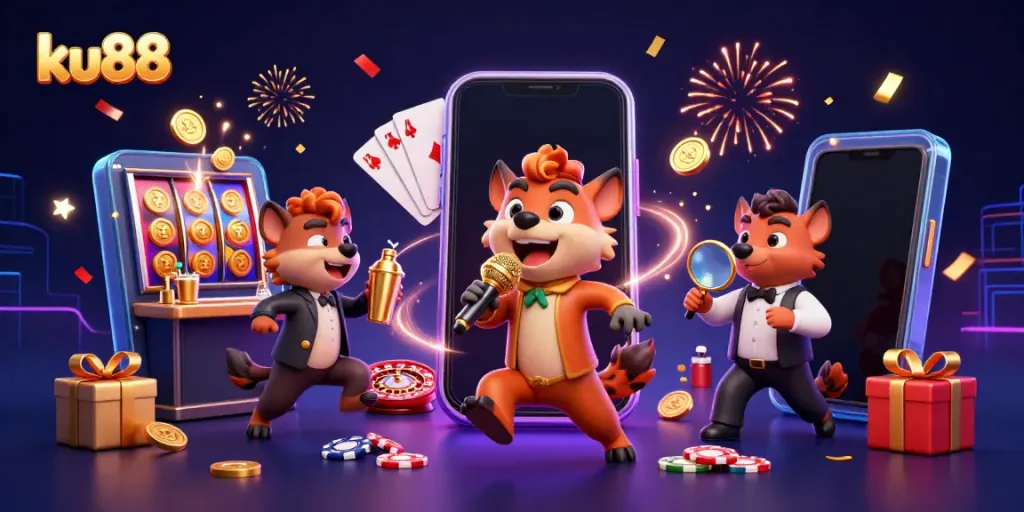 ku88 hyenas comedy casino scene with spinning slots and vibrant confetti