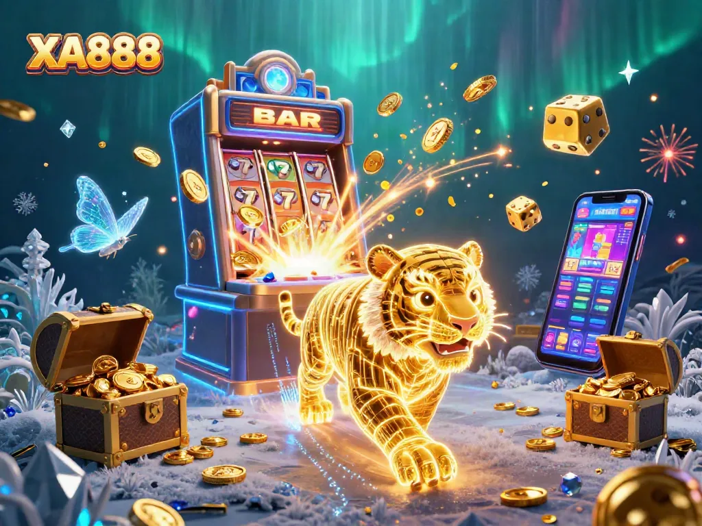 Spin the reels at XA888 with an energetic casino scene bursting with excitement and winnings!