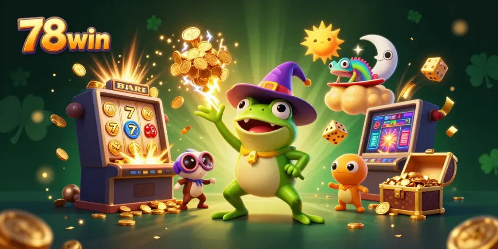 Experience thrilling wins with 78 win, as a wizard frog conjures golden coins in this vibrant casino scene.