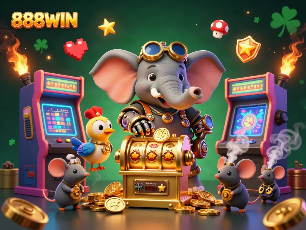 Engage with 888WIN's vibrant casino atmosphere, featuring a steampunk elephant operating a golden slot machine.