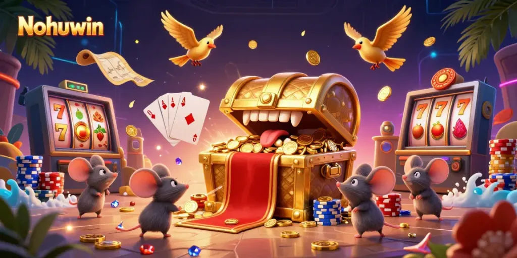 Nohuwin invites adventurous players with a vibrant 3D scene of treasure, riches, and slot reels.
