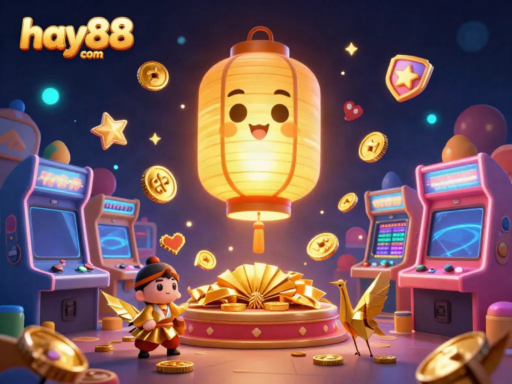 Experience winning with hay88 com in this vibrant casino-themed digital artwork featuring golden lanterns and arcade machines.
