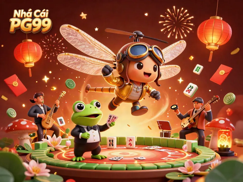 Engage in thrilling gameplay at Nhà Cái PG99 with vibrant casino elements surrounding a dragonfly pilot and frog croupier.