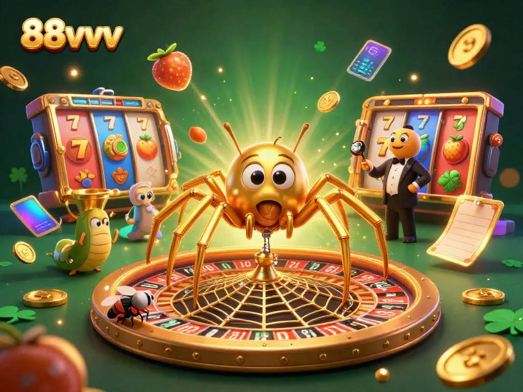 Bet on 88vvv with thrilling slot games featuring a golden spider and animated casino elements.