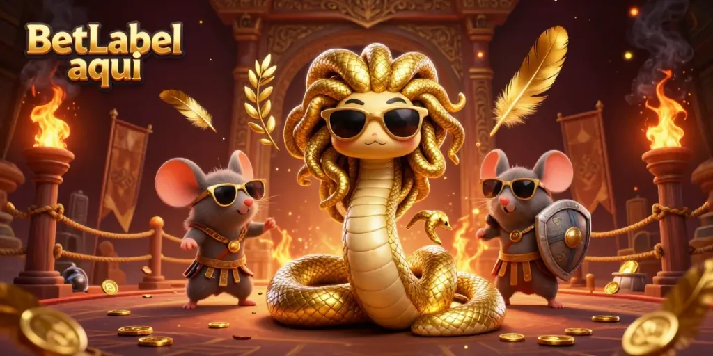 Experimente a emoção de apostar com BetLabel aqui, Medusa e um guerreiro em um ambiente de cassino vibrante.