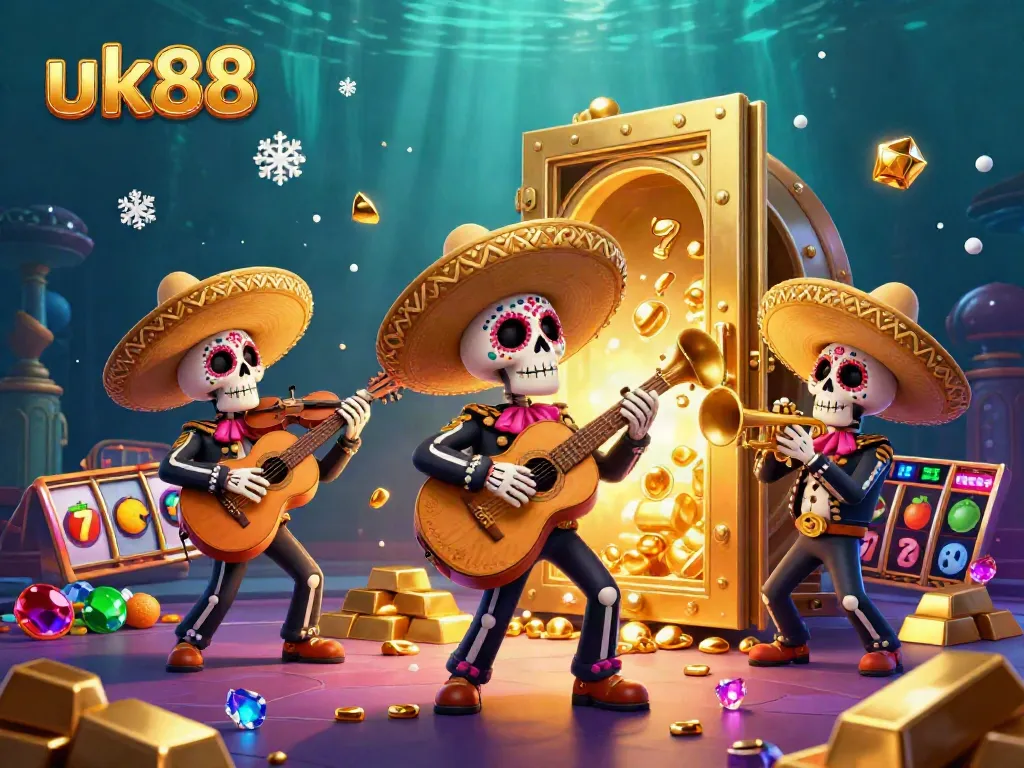 This colorful scene showcases uk88's thrilling casino vibes with a Day of the Dead mariachi band amidst treasures and symbols.