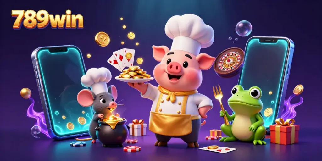 Experience the excitement of 789win with a pig chef serving golden coins amidst vibrant gaming elements.
