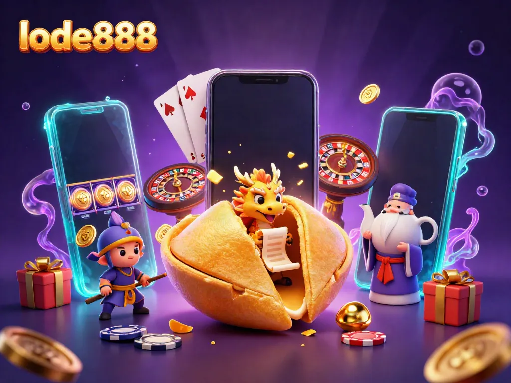 Engage with lode888's exciting 3D illustration featuring a fortune cookie, wise dragon, and dynamic gambling elements.