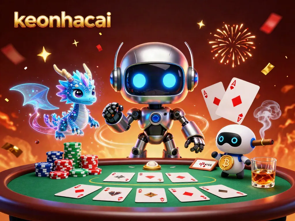 Engage with keonhacai's vibrant casino action featuring a cyberpunk robot at a poker table.