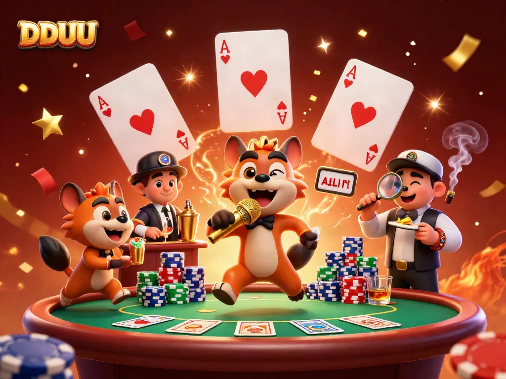 Engage in thrilling DDUU casino action with cartoon hyenas enjoying games and drinks.