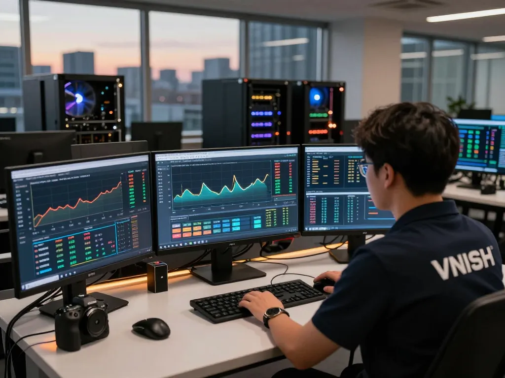 Técnico gerenciando a eficiência dos mineradores ASIC através de https://vnish.net.br/ em uma sala de controle de alta tecnologia.