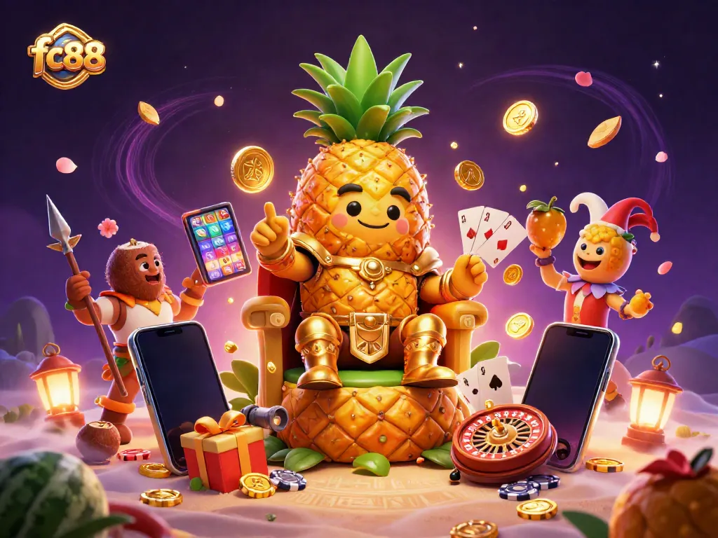 Experience thrilling gameplay at fc88 casino featuring the golden pineapple king on a vibrant beach.