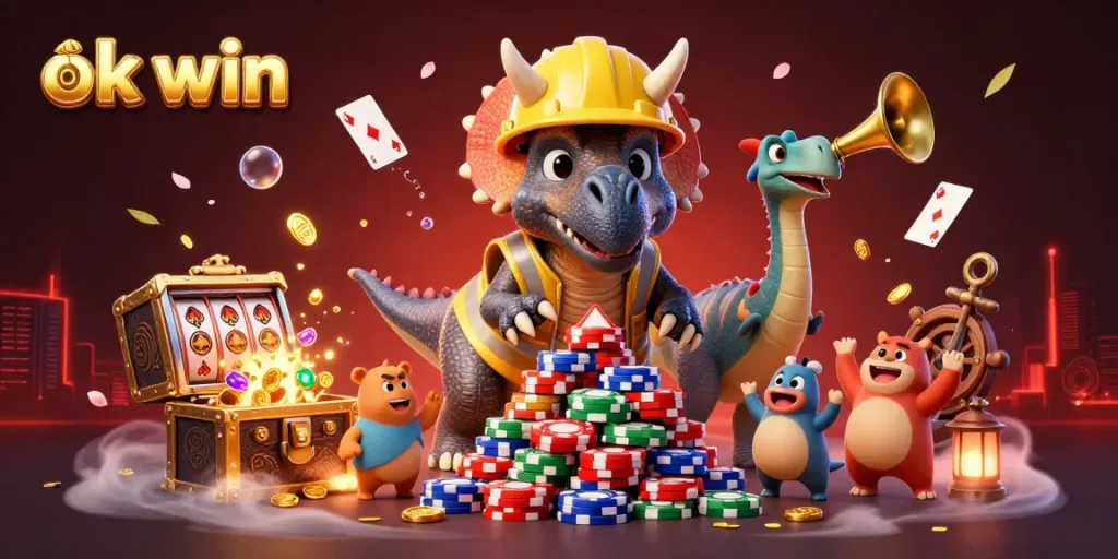Celebrate wins with ok win in this vibrant 3D illustration full of excitement and playful gambling elements.