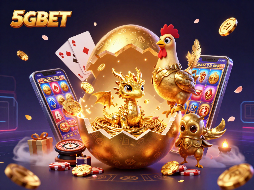 Engage with 5GBET's vibrant slots and bonuses featuring a golden dragon, poker chips, and a colorful slot game.