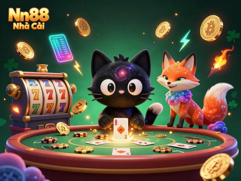 Experience the thrilling Nn88 Nhà Cái cosmic casino with a black hole cat pulling in golden chips and cards.