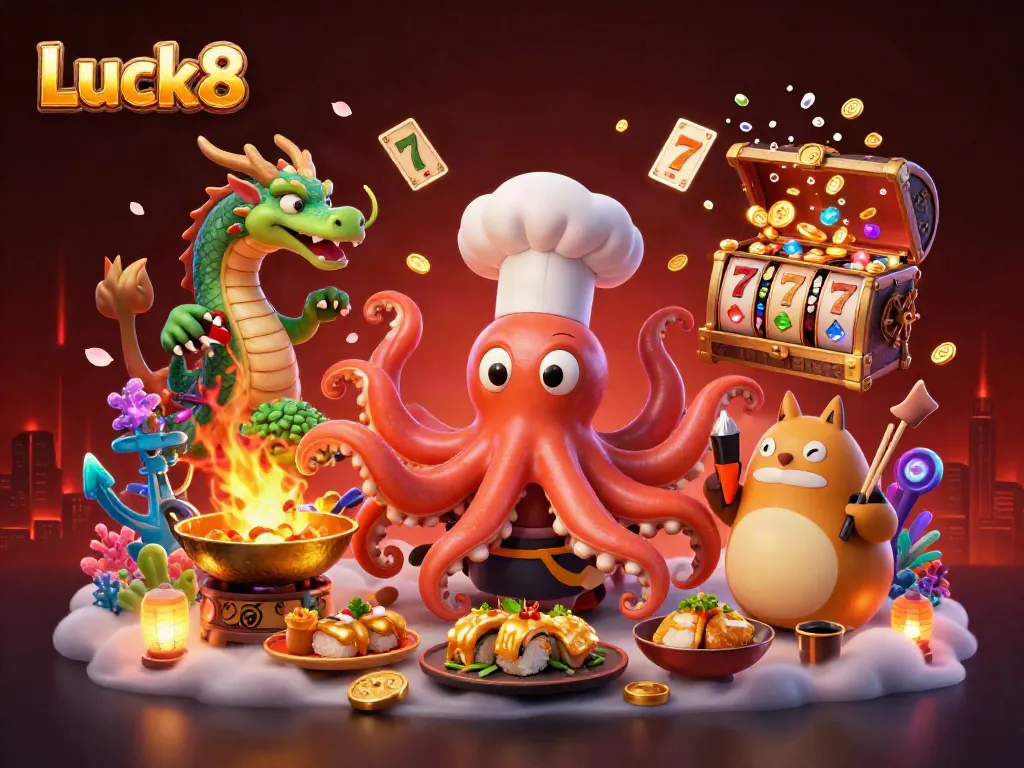 Engage with Luck8 at the lively online casino, featuring vibrant characters and slot elements.