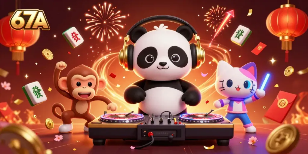 Engage in thrilling gaming moments with the vibrant 67A casino scene featuring DJ panda and dancing monkey.