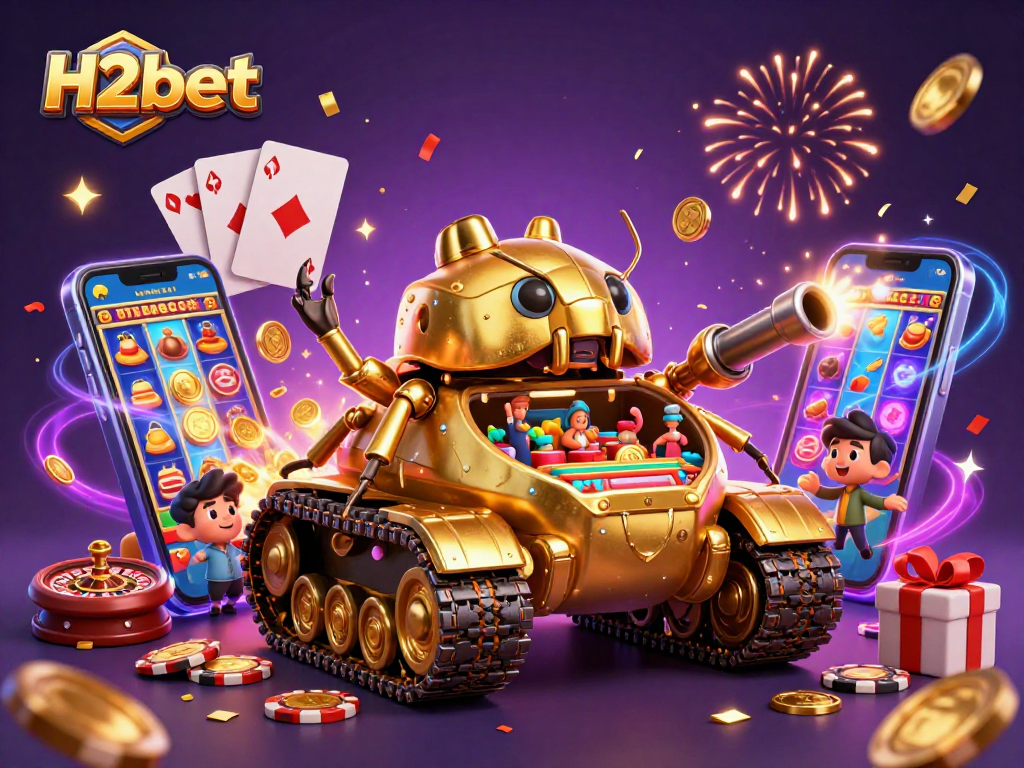Win big with H2bet in this vibrant 3D illustrating a golden beetle tank casino bursting with excitement.